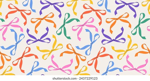 Contemporary colorful bow knots. Hand-drawn groovy vector illustration. Simple and childish with a bow pattern. Playful and whimsical design. Trendy hair braiding accessory. Wrapping paper.