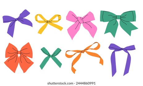  Contemporary colorful bow knots. Hand-drawn groovy vector illustration. Simple childish set with a bows. Playful and whimsical design. Trendy hair braiding accessory. Wrapping paper.