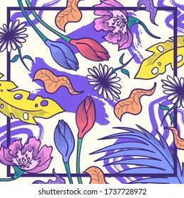 contemporary colorful floral and leaves with frame pattern on white