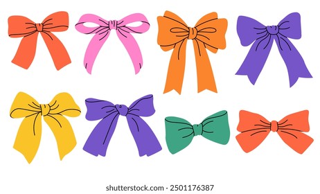 Contemporary colorful rainbow bow knots set. Hand-drawn groovy vector illustration. Simple childish set with a bows. Playful and whimsical design. Trendy hair braiding accessory. Girls accessories.
