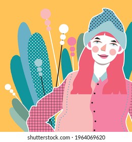 Contemporary colorful vector illustration of a young beautiful woman with pink hair in a jacket and hat on a background of plants. Trendy colors, flat style.