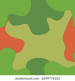 A contemporary and colourful camouflage pattern featuring wavy, organic shapes in a mix of green, olive, and bright orange earth tones. This seamless vector texture is ideal for textile prints