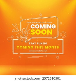 Contemporary coming soon design with lighting effects and megaphone on abstract background
