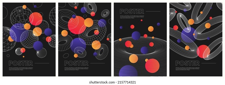 Contemporary composition artwork with strange wireframes of geometric shapes and with red, orange and purple gradient spheres, modern design inspired by brutalism, abstract vector set posters, banners