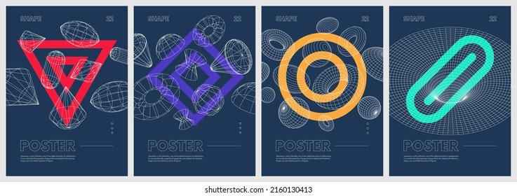 Contemporary composition artwork with strange wireframes of geometrical shapes and colored geometric figures, modern design inspired by brutalism, abstract vector set posters, banners