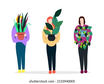 Contemporary composition with three women hanging, and growing plants. Trendy female characters.  Tropical flowers design  pastel colors. Beautiful illustration.