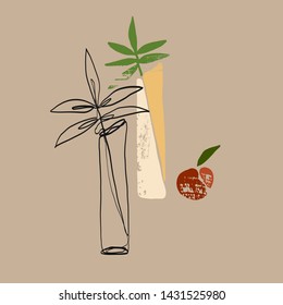 contemporary composition vase with flowers, plant. Organic aesthetic creative illustration. One line natural drawing. Vintage shapes effect. 