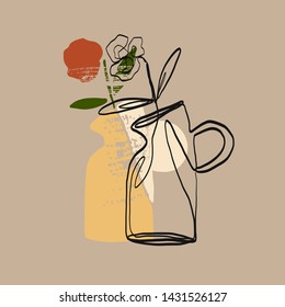 contemporary composition vase with flowers, plant. Organic aesthetic creative illustration. One line natural drawing. Vintage shapes effect. 