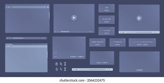 Ventana de interfaz de computadora contemporánea de vidrio esmerilado. Interfaz de usuario de pantalla de navegador de Internet, reproductor de vídeo multimedia, cuadro de diálogo y mensaje de error emergente