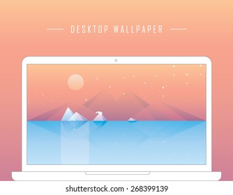 contemporary conceptual geometric desktop wallpaper illustration of global warming with glaciers melting in the ocean with lonely polar bear standing on the iceberg on the moonlight. Low poly style 