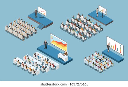 Contemporary conference hall podium furniture equipment isometric set with 4 white board and digital presentations vector illustration 