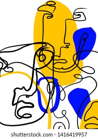 Contemporary continuous one line drawing. Decor Printable Art, Abstract Art Prints, Modern Wall Art, House Warming Gift. Hand drawn portrait in modern abstract graphic style