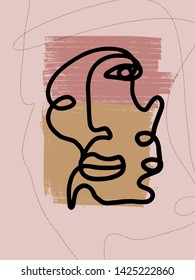 Contemporary continuous one line drawing. Decor Printable Art, Abstract Art Prints, Modern Wall Art, House Warming Gift. Hand drawn portrait in modern abstract graphic style.  Woman fashion portrait.