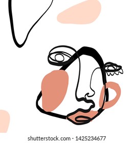 Contemporary continuous one line drawing. Decor Printable, Abstract Prints, Modern Wall Art. Portrait in modern abstract graphic style. Textures with simple colorful pastel shapes.