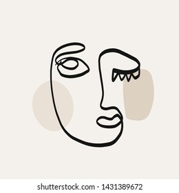 Zeitgenössische kontinuierliche Zeichnung einer Linie. Dekor Druckkunst, abstrakte Kunstdrucke, moderne Wandkunst, Hauswärme Geschenk. Handgezeichnetes Portrait im modernen abstrakten Grafikstil.