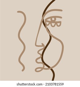 Contemporary continuous one line drawing. Decor Printable Art, Abstract Art Prints, Modern Wall Art, House Warming Gift. Hand drawn portrait in modern abstract graphic style.
