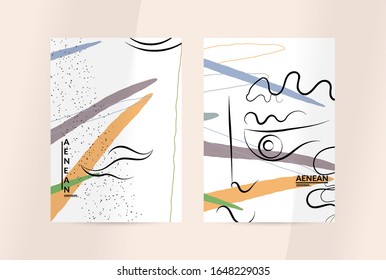 Contemporary continuous one line free hand drawing. Logo portrait in modern abstract graphic style with simple colorful organic pastel shapes and lines. Flyer mock up with shadow overlay.