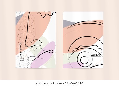 Contemporary continuous one line free hand drawing. Logo portrait in modern abstract graphic style with simple colorful organic pastel shapes and lines. Flyer mock up with shadow overlay.