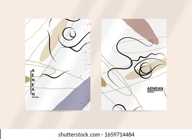 Contemporary continuous one line free hand drawing. Logo portrait in modern abstract graphic style with simple colorful organic pastel shapes and lines. Flyer mock up with shadow overlay.