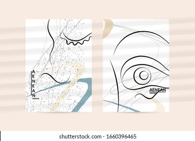 Dibujo manual de una línea libre continuo y contemporáneo. Retrato con logo en estilo gráfico abstracto moderno con líneas y formas orgánicas en tonos pastel simples. Volante se burla de la sombra superpuesta.