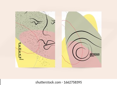 Dibujo manual de una línea libre continuo y contemporáneo. Retrato con logo en estilo gráfico abstracto moderno con líneas y formas orgánicas en tonos pastel simples. Volante se burla de la sombra superpuesta.