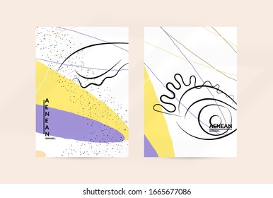 Contemporary continuous one line free hand drawing. Logo portrait in modern abstract graphic style with simple colorful organic pastel shapes and lines. Flyer mock up with shadow overlay.