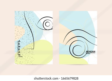 Contemporary continuous one line free hand drawing. Logo portrait in modern abstract graphic style with simple colorful organic pastel shapes and lines. Flyer mock up with shadow overlay.