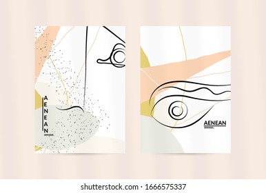 Contemporary continuous one line free hand drawing. Logo portrait in modern abstract graphic style with simple colorful organic pastel shapes and lines. Flyer mock up with shadow overlay.