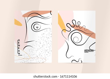 Contemporary continuous one line free hand drawing. Logo portrait in modern abstract graphic style with simple colorful organic pastel shapes and lines. Flyer mock up with shadow overlay.