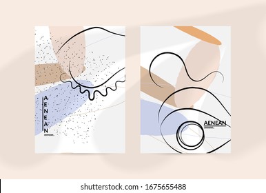 Contemporary continuous one line free hand drawing. Logo portrait in modern abstract graphic style with simple colorful organic pastel shapes and lines. Flyer mock up with shadow overlay.