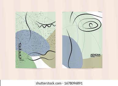 Dibujo manual de una línea libre continuo y contemporáneo. Retrato con logo en estilo gráfico abstracto moderno con líneas y formas orgánicas en tonos pastel simples. Volante se burla de la sombra superpuesta.