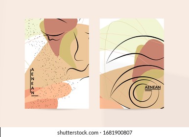 Dibujo manual de una línea libre continuo y contemporáneo. Retrato con logo en estilo gráfico abstracto moderno con líneas y formas orgánicas en tonos pastel simples. Volante se burla de la sombra superpuesta.