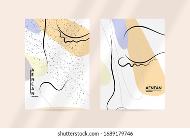 Contemporary continuous one line free hand drawing. Logo portrait in modern abstract graphic style with simple colorful organic pastel shapes and lines. Flyer mock up with shadow overlay.