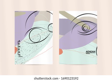 Contemporary continuous one line free hand drawing. Logo portrait in modern abstract graphic style with simple colorful organic pastel shapes and lines. Flyer mock up with shadow overlay.