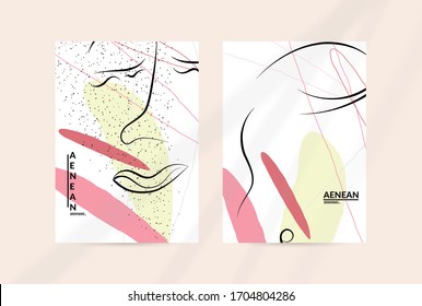 Contemporary continuous one line free hand drawing. Logo portrait in modern abstract graphic style with simple colorful organic pastel shapes and lines. Flyer mock up with shadow overlay.