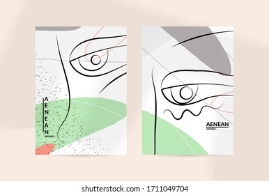 Dibujo manual de una línea libre continuo y contemporáneo. Retrato con logo en estilo gráfico abstracto moderno con líneas y formas orgánicas en tonos pastel simples. Volante se burla de la sombra superpuesta.