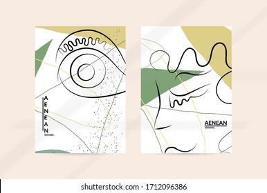 Dibujo manual de una línea libre continuo y contemporáneo. Retrato con logo en estilo gráfico abstracto moderno con líneas y formas orgánicas en tonos pastel simples. Volante se burla de la sombra superpuesta.