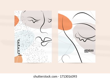 Contemporary continuous one line free hand drawing. Logo portrait in modern abstract graphic style with simple colorful organic pastel shapes and lines. Flyer mock up with shadow overlay.