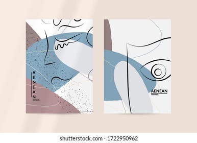 Contemporary continuous one line free hand drawing. Logo portrait in modern abstract graphic style with simple colorful organic pastel shapes and lines. Flyer mock up with shadow overlay.