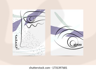 Contemporary continuous one line free hand drawing. Logo portrait in modern abstract graphic style with simple colorful organic pastel shapes and lines. Flyer mock up with shadow overlay.