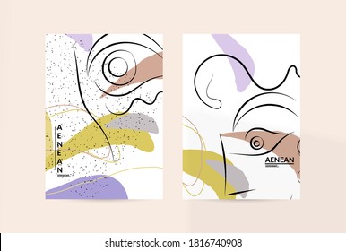 Dibujo de mano libre de una línea continuo y contemporáneo. Retrato con logotipo en un estilo gráfico abstracto moderno con líneas y formas orgánicas en pastel sencillas y coloridas. El volante se burla de la sombra.