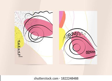 Dibujo de mano libre de una línea continuo y contemporáneo. Retrato con logotipo en un estilo gráfico abstracto moderno con líneas y formas orgánicas en pastel sencillas y coloridas. El volante se burla de la sombra.