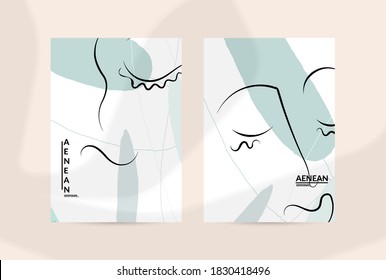 Contemporary continuous one line free hand drawing. Logo portrait in modern abstract graphic style with simple colorful organic pastel shapes and lines. Flyer mock up with shadow overlay.