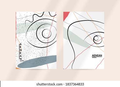 Contemporary continuous one line free hand drawing. Logo portrait in modern abstract graphic style with simple colorful organic pastel shapes and lines. Flyer mock up with shadow overlay.