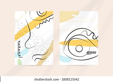Contemporary continuous one line free hand drawing. Logo portrait in modern abstract graphic style with simple colorful organic pastel shapes and lines. Flyer mock up with shadow overlay.