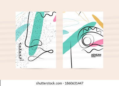 Contemporary continuous one line free hand drawing. Logo portrait in modern abstract graphic style with simple colorful organic pastel shapes and lines. Flyer mock up with shadow overlay.