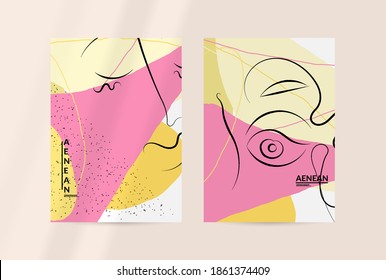 Contemporary continuous one line free hand drawing. Logo portrait in modern abstract graphic style with simple colorful organic pastel shapes and lines. Flyer mock up with shadow overlay.