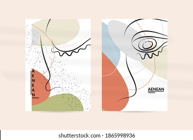 Contemporary continuous one line free hand drawing. Logo portrait in modern abstract graphic style with simple colorful organic pastel shapes and lines. Flyer mock up with shadow overlay.