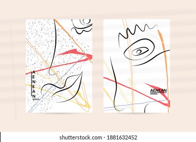 Contemporary continuous one line free hand drawing. Logo portrait in modern abstract graphic style with simple colorful organic pastel shapes and lines. Flyer mock up with shadow overlay.