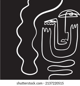 Retrato continuo de una línea actual. Decoración De Arte Imprimible, Pinturas De Arte Abstracto, Muros Modernos, Regalo De Calentamiento De Casa. Retrato dibujado a mano en estilo gráfico abstracto moderno.